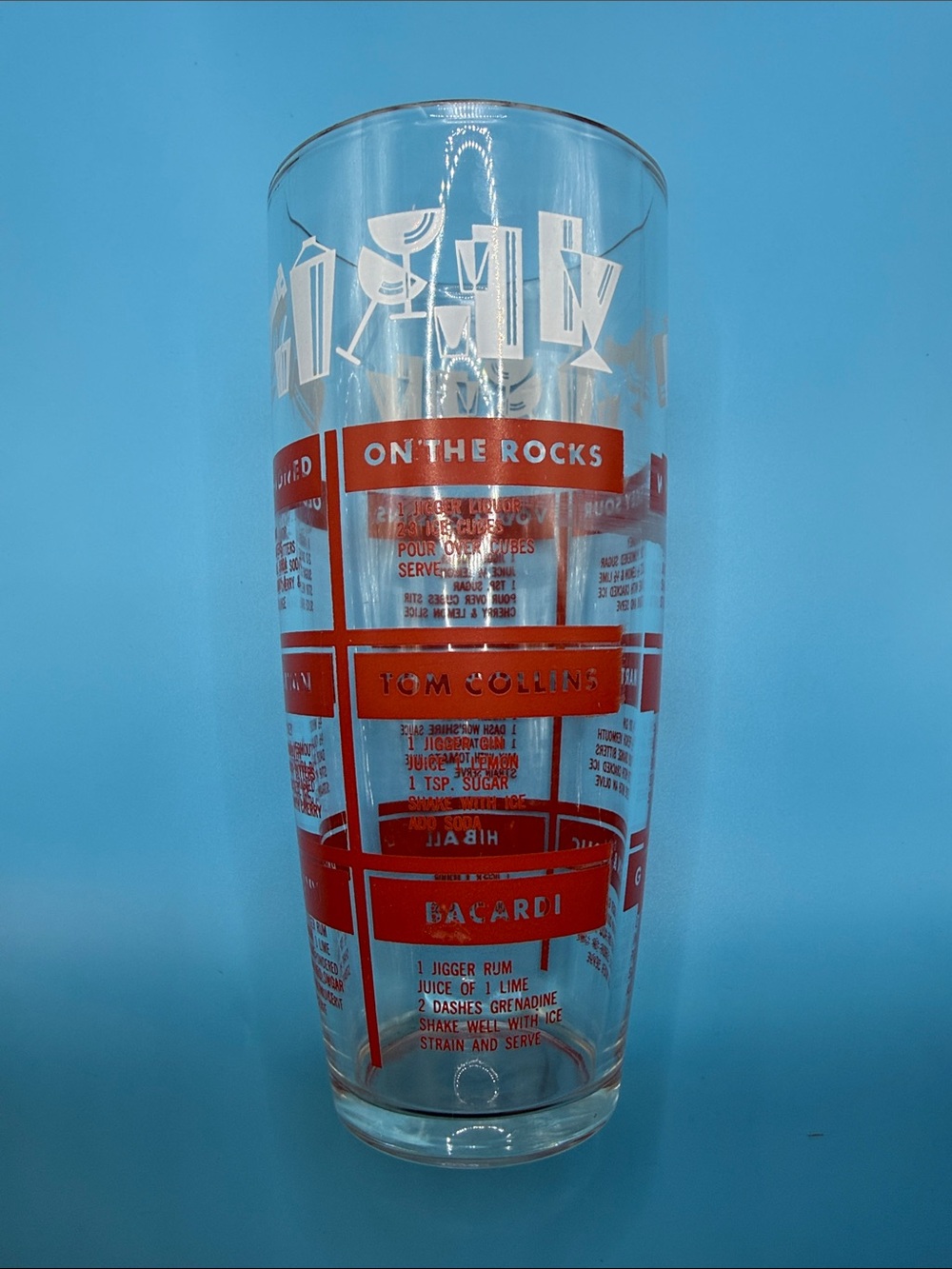 Red Graphic Cocktail Collins Glass with Printed Recipes